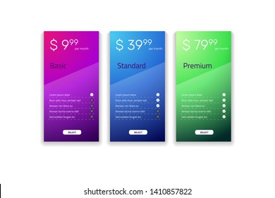 Web pricing table design for business. Vector illustration