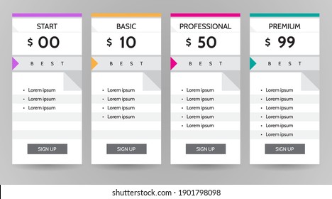 Web pricing table design for business .vector infographics template illustration for website, application.