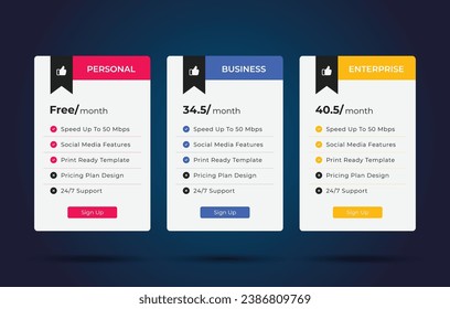 Web pricing table design for business, Pricing table design, Table price comparison, Vector illustration