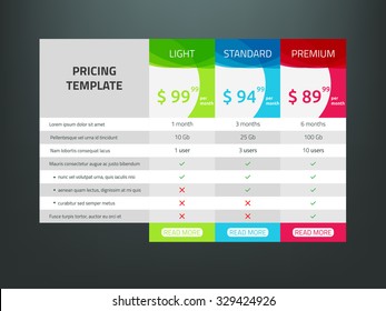 Web pricing table design for business .Vector illustration.