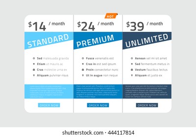Diseño de tabla de precios web para la ilustración empresarial .Vector.