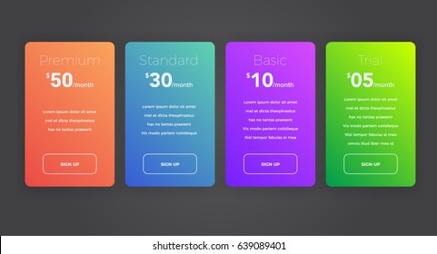 Diseño de tablas de precios web para empresas. Cartel de la mesa de alojamiento.  Estilo de degradado moderno. Elemento de diseño para sitio web y aplicación móvil, UI UX. Ilustración vectorial. Pasos 10
