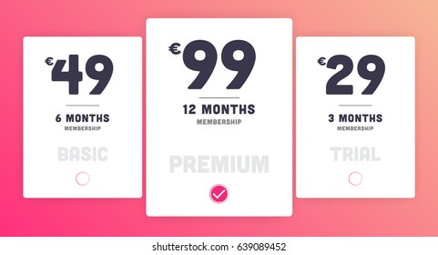 Web pricing table design for business. Hosting table banner.  Modern gradient style. Design element for website and mobile app, UI UX. Vector illustration. eps 10
