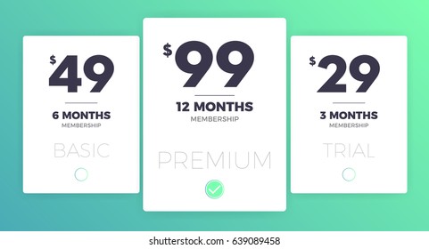 Web pricing table design for business. Hosting table banner.  Modern gradient style. Design element for website and mobile app, UI UX. Vector illustration. eps 10