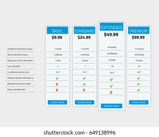 Web pricing table design for business .Vector illustration.