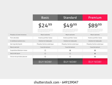 Web pricing table design for business .Vector illustration.