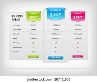 Web Pricing Table Template For Business Plan. Comparison Of Services. Vector EPS10 Illustration. Colorful 3d Chart.