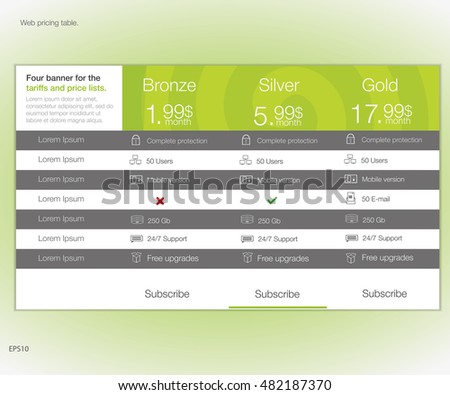 Web pricing table. Vector design for web app. Set offer tariffs. Price list.