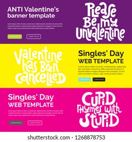 Web or print banners design template with hand drawn vector lettering. Anti Saint Valentine Day, Singles Day slogan stylized typography. Black humor quote for a party, social media. Horizontal layout.