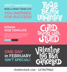 Web or print banners design template with hand drawn vector lettering. Anti Saint Valentine Day, Singles Day slogan stylized typography. Black humor quote for a party, social media. Horizontal layout.