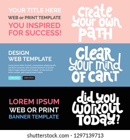 Web or print banners design template with hand drawn vector lettering about gym, inspiration to lose weight. Discount, gift card horizontal layout for fitness centre, wellness business, social media. 