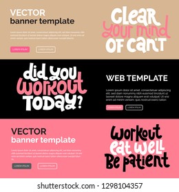 Web or print banners design template with hand drawn vector lettering about gym, inspiration to lose weight. Discount, gift card horizontal layout for fitness centre, wellness business, social media. 