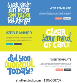 Web or print banners design template with hand drawn vector lettering about gym, inspiration to lose weight. Discount, gift card horizontal layout for fitness centre, wellness business, social media. 