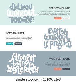 Web or print banners design template with hand drawn vector lettering about gym, inspiration to lose weight. Discount, gift card horizontal layout for fitness centre, wellness business, social media. 