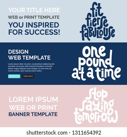 Web or print banners design template with hand drawn vector lettering about gym, inspiration to lose weight. Discount, gift card horizontal layout for fitness centre, wellness business, social media. 