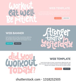 Web or print banners design template with hand drawn vector lettering about gym, inspiration to lose weight. Discount, gift card horizontal layout for fitness centre, wellness business, social media. 