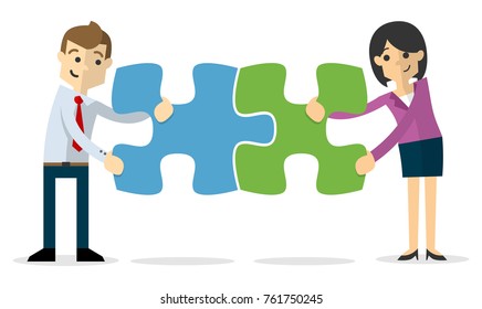 Web or print illustration of Vector of a businessman and business woman joining puzzles