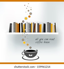 Web or print template of  Coffee house with book shelf. Vector background illustration. 