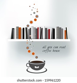 Web or print template of  Coffee house with book shelf. Vector background illustration. 