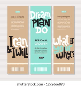 Banners verticales web o impresión plantilla de diseño con letras vectoriales dibujadas a mano Texto tipográfico estilizado para seguir inspirado para el éxito. Un concepto minimalista limpio para el desarrollo personal, el crecimiento personal.