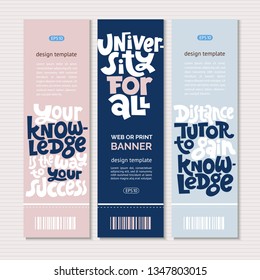 Web or print vertical banners design template with hand drawn lettering about online education, language course, inspiration to start learning. Stylized typography quote. Clean minimalistic concept. 