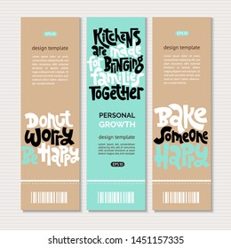 Web or print vertical banners design template with hand drawn lettering about food preparation. Great handwritten typography for healthy magazines, cooking web sites and restaurant newsletters.