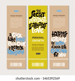 Web or print vertical banners design template with hand drawn lettering about food preparation. Great handwritten typography for healthy magazines, cooking web sites and restaurant newsletters.