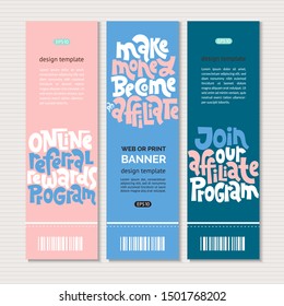 Web or print vertical banners design template with hand drawn lettering about referral program, viral, influencer marketing for presentation, website, social media. Clean minimalistic concept. 