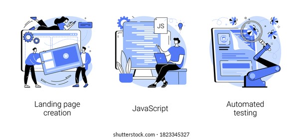 Web programming abstract concept vector illustration set. Landing page creation, JavaScript, automated testing, design template, website project, mobile application, UI optimization abstract metaphor.