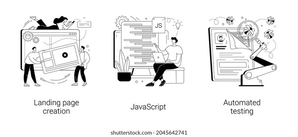 Web programming abstract concept vector illustration set. Landing page creation, JavaScript, automated testing, design template, website project, mobile application, UI optimization abstract metaphor.