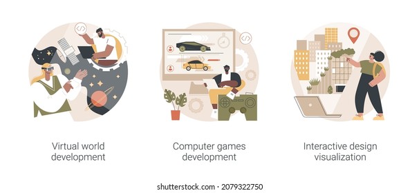 Web programming abstract concept vector illustration set. Virtual world and computer games development, interactive design visualization, VR graphic design, user experience abstract metaphor.