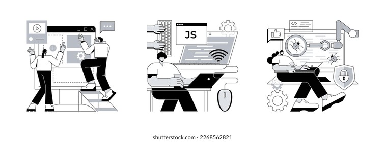 Web programming abstract concept vector illustration set. Landing page creation, JavaScript, automated testing, design template, website project, mobile application, UI optimization abstract metaphor.