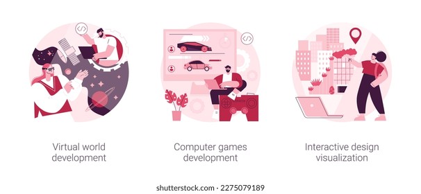Web programming abstract concept vector illustration set. Virtual world and computer games development, interactive design visualization, VR graphic design, user experience abstract metaphor.