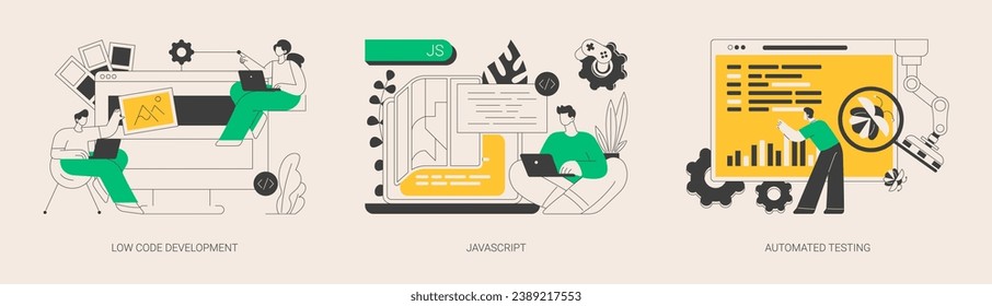 Web programming abstract concept vector illustration set. Low code development, JavaScript, automated testing, application software, JS development, usability analysis tool abstract metaphor.