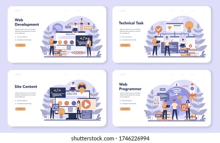 Web programming web banner or landing page set. Coding, testing and writing program for website, using internet and different software. Website development . Isolated vector illustration