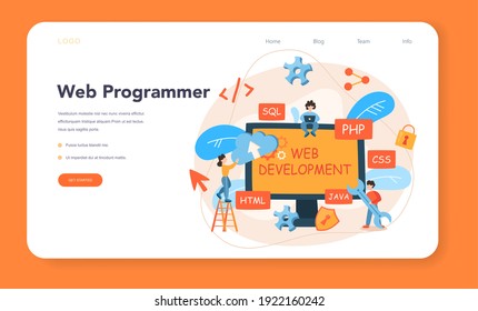 Web programming web banner or landing page. Coding, testing and writing program for website, using internet and different software. Website development . Isolated vector illustration