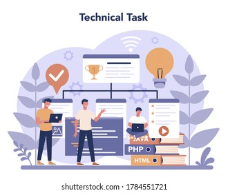 Web programming concept. Coding, testing and writing program for website, using internet and different software. Website development . Isolated vector illustration