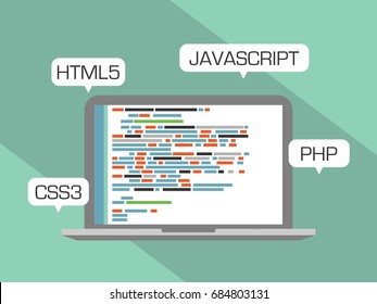 Web programming concept. Design flat, languages HTML5, CSS3, JAVASCRIPT and PHP.