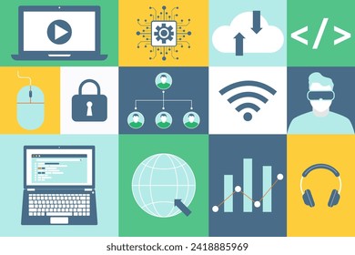 Web programming design. Technology development, workflow and workspace. EdTech. Vector illustration.