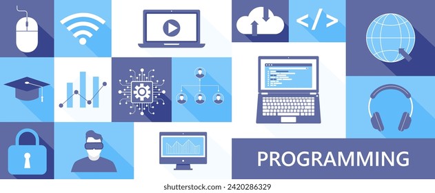 Web programming design. Technology development, workflow and workspace. EdTech. Vector illustration.