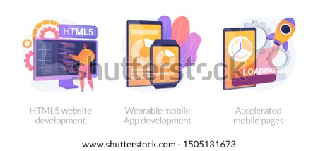 Web programming language, smart tech, app optimization. HTML5 website development, wearable mobile app development, accelerated mobile pages metaphors. Vector isolated concept metaphor illustrations