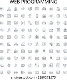 Web programming outline icons collection. Web, programming, HTML, CSS, JavaScript, AJAX, XML vector illustration set. PHP, MySQL, JQuery linear signs