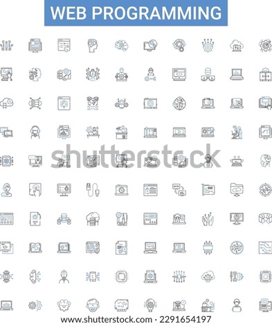 Web programming outline icons collection. Web, programming, HTML, CSS, JavaScript, AJAX, XML vector illustration set. PHP, MySQL, JQuery line signs