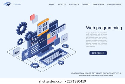 Web programming, program coding, website construction flat 3d isometric vector concept illustration