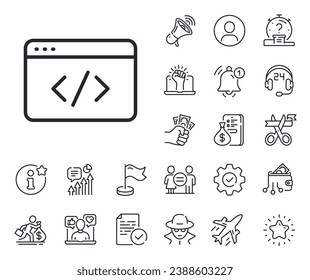 Web programming sign. Salaryman, gender equality and alert bell outline icons. Seo script line icon. Traffic management symbol. Seo script line sign. Spy or profile placeholder icon. Vector