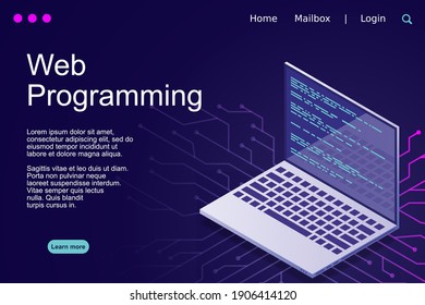 Web programming vector isometric illustrations. web programming concept programming language program code big data processing on laptop screen. Vector illustration