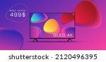 Web promo banner with smart TV set or monitor 3d illustration with bright fluid shapes wallpaper on it and special price offer in violet colors