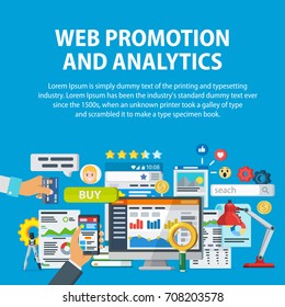 Web promotion and analytics of information. Communication and services, marketing and research, information, statistics and analysis. Infographics elements and icons. Vector illustration in flat style
