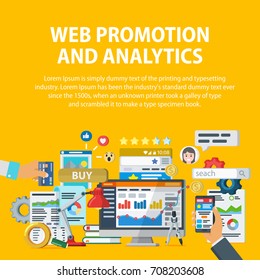 Web promotion and analytics of information. Internet commerce, social networks, interaction with users. Statistics, audit and analysis. Infographics elements and icons. Vector illustration.