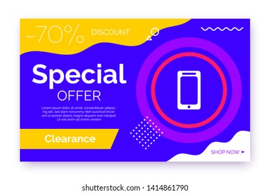 Web promotion banner for sale, offer, advertisement. Trendy vector background, flyer, poster, page, cover with abstract elements, blue and yellow color, text space, smartphone icon